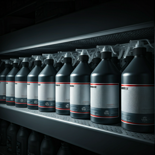 Gamme de produits chimiques Nielsen alignés sur étagère professionnelle